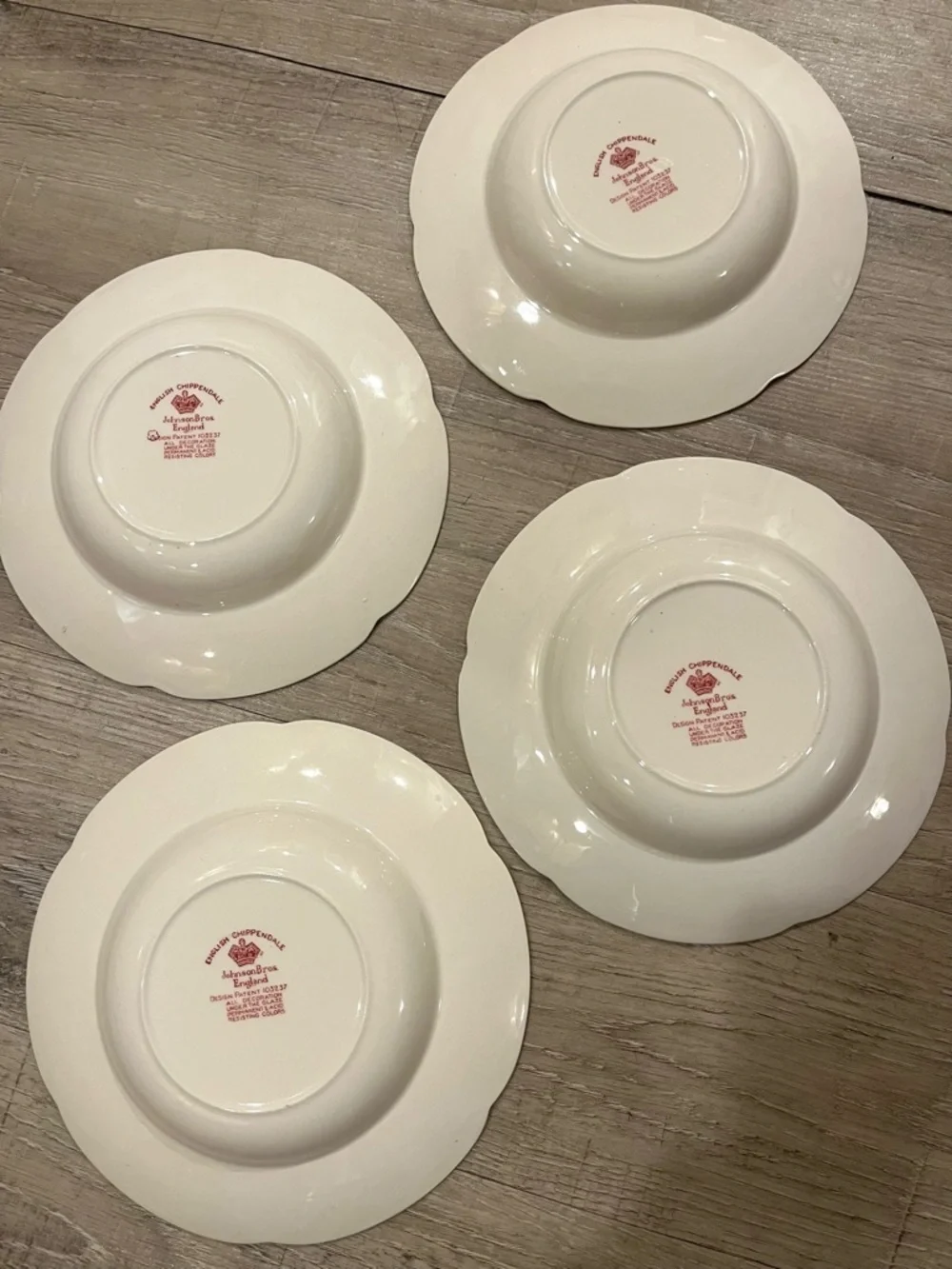 Vintage Johnson Brothers English Chippendale Red Floral Shallow Soup Bowls set 4